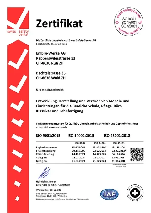 Zertifikat ISO 9001 14001 45001 Embru Werke DE
